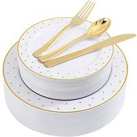 200pcs Gold Plastic Dinnerware, White Disposable Plates with Gold Printing, Gold Plastic Silverware Include 40 Dinner Plates, 40 Salald Plates, 40 Knives, 40 Forks, 40 Spoons, Supernal