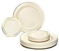 " OCCASIONS" 120 Plates Pack, Heavyweight Premium Disposable Plastic Plates Set 60 x 10.5'' Dinner + 60 x 6.25'' Dessert/Cake Plates (Ivory & Gold Rim)