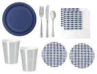 Blue and Silver Party Supplies Birthday Bridal Wedding Shower Plates Napkins Cups Premium Quality Plastic Cutlery for 12-16 Guests - Elegant Style