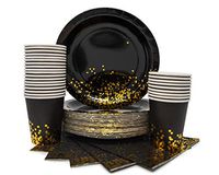 Party Chic Black and Gold Plates Cups and Napkins Set for 20-20 Gold Paper Plates 20 9 oz Cups and 20 Dinner Napkins-Black and Gold Party Supplies-Black Plates Bulk-Gold Napkins-Black Party Plates