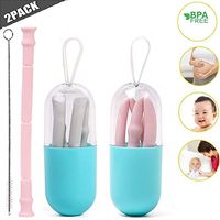 Reusable Silicone Collapsible Straws - Extra Long 10" Portable Straws 2 Pack for 30&20 oz Tumbler, with 2 Cleaning Brushes and 2 Carrying Case, BPA Free, FDA Approved (Pink+Gray)