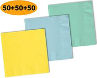 150 Beverage Napkins, Lemon Yellow, Pastel Blue, Mint - 50 Each Color. 2 Ply Paper Cocktail Napkins. 5" folded, 10" unfolded.