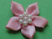 50pcs Satin The Ribbon Flowers with The Appliques Craft DIY Wedding Pearls (Pink)