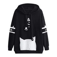FRC0LT Autumn Women Kawaii Kitty Cat Theme Long Sleeve Pocket Thin Sweatshirt Hoodie (L, Black)