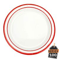 Pack of 100 Red Rim Disposable Paper Plates, Round 7", Everyday Party Supplies for Appetizer, Lunch, Dinner, or Dessert