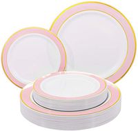 NERVURE 102 PCS Pink with Gold Rim Disposable Plates-Wedding and Party Plastic Plates Include 51PCS 10.25inch Dinner Plates And 51PCS 7.5inch Dessert/Salad Plates - Value Pack 102 Count(Pink)