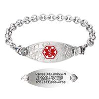 Divoti Custom Engraved Medical Alert Bracelets for Women, Stainless Steel Medical Bracelet, Medical ID Bracelet w/Free Engraving – Lovely Filigree Tag w/Elegant Rolo-Red-6.0"