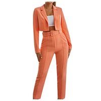 Women Pants Mini Suit Set,Fashion Solid Color Long Sleeve Shawl Collar Pant Suit,Casual Comfortable Slim Office Work Suit (Orange, M)