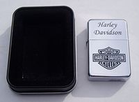 Harley Davidson Motorcycle Logo Engraved Chrome Plated Brass Refillable Lighter in Black tin case
