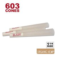 RAW 603 Organic 1 1/4 Cones - Sturdy W Gallery Box - Pure Hemp 1.25 84mm Pre-Rolled Cones - 26mm Filter Tips - Natural Unbleached Unrefined Rolling Papers - Compare 600 Pack