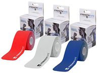 StrengthTape Precut Kinesiology Tape Roll of 20 Strips 3-Pack - Red/Royal Blue/Silver