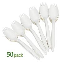 KAISHANE Sporks - 50 Pieces Disposable Cutlery Set Biodegradable Spork Eco Friendly Durable and Heat Resistant Plastic Forks and Spoon, Wrapped Bulk White