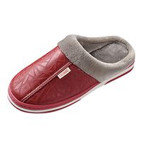 Dainzuy Unisex Leather Slippers with Non Slip Sturdy Sole House Shoes Fur Memory Foam Warm Indoor & Outdoor Red