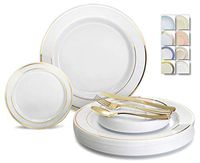 " OCCASIONS" 600 Pcs Set & 120 Guest Wedding Disposable Plastic Plate & Silverware Combo Set (White & Gold Rim plates, Gold Silverware)
