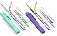 Asobu Reusable Metal and Silicone Straw with Cleaning Brush and Case (Mint coral/purple yellow)