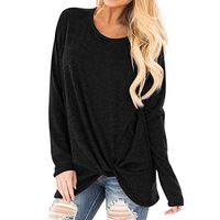 HNTDG Women Soft Loose Long Sleeve O-Neck Fashion Twist Knotted Tunic Casual Solid T-Shirt Blouse Tops Black