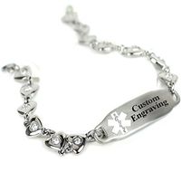 My Identity Doctor Custom Engraved Medical Bracelet 316L Stainless Steel Hearts, Round 2mm Cubic Zirconia - Wrist Size 7 Inch - Wrist Size 7 Inch