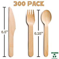 Disposable Wooden Cutlery Sets - 300 Piece Total: 100 Forks, 100 Spoons, 100 Knives, 6" Length Eco Friendly Biodegradable Compostable Wooden Utensils Wooden (300)