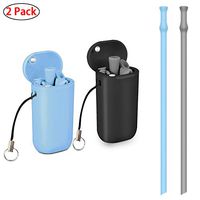 Collapsible Reusable Straws Drinking Silicone Foldable Straw with Case 2 Pack Black/Blue