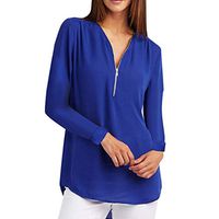 Meikosks Women's V Neck Zipper T Shirt Long Sleeve Tops Plus Size Blouses Solid Color Pullover Blue