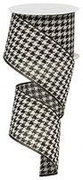 Wide Fabric Ribbon/Christmas Tree Garland, Classic Black and White Houndstooth with Black Wired Edge, 2.5" x 10 Yards