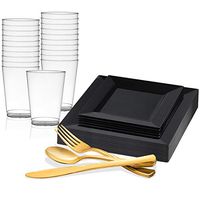 Disposable Plastic Dinnerware Set for 120 Guests - Includes Fancy Square Black Dinner Plates, Dessert/Salad Plates, Gold Silverware Set/Cutlery & Cups For Wedding, Birthday Party & Other Occasions