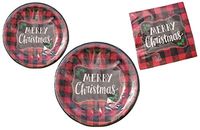 Red & Black Buffalo Plaid Checker"Merry Christmas" Disposable Paper Plates and Party Napkins Bundle - 3 Items: 20 Dinner Plates, 20 Dessert Plates, 50 Large Napkins
