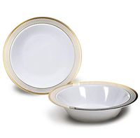 " OCCASIONS" 60 Bowls Pack, Heavyweight Disposable Wedding Party Plastic Bowls (14oz Soup Bowls, Sundance White & Gold)