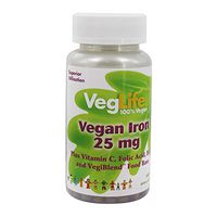 VegLife Vegan Iron 25 mg | Plus Vitamin C, Folic Acid, B-12 and VegiBlend Food Base | Plant Based Iron Supplement for Women & Men | 100 Tablets | 2 pk