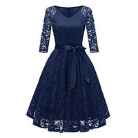 Women Vintage Princess Floral Lace Cocktail V-Neck Party A-line Swing Dress
