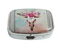 XUTAI Custom Personalized Square Stainless Steel Silver Glass Travel Pill Case Vitamin Decoration Box (Colorful Watercolor Floral Bull Skull)