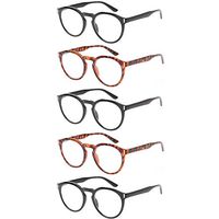 Reading Glasses 5 Pack Fashion Large Round Readers Quality Spring Hinge Glasses for Reading (3Black 2Tortoise, 2.25)