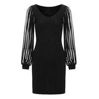 Danhjin Women Sequined Tassel Stitching Shining Sexy Bodycon Club Sheath Long Sleeved Mini Dress Black