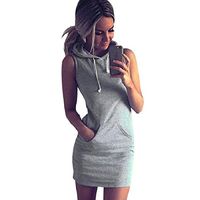 Fanteecy Women's Casual Basic Sleeveless Cotton Hoodie Dress Summer Loose Sweatshirt Mini Dress (M, Gray)