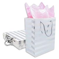 12-Pack Foldable Cardstock Paper Gift Bags with Handles (Medium 9", Metallic Silver Foil Stripes) for Presents, Retails or Party Favors by TheDisplayGuys