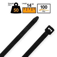 BuyCableTies 14" Standard Indoor/Outdoor Cable Ties - 50 lb Rated - Made in USA - Black - UV Resistant - 100 per bag