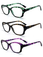 Reading Glasses EYE ZOOM 3 Pack Ladies Plastic Frame Cat Eye Style Tortoise Shell Readers for Women, Green, Yellow, Purple, 2.25