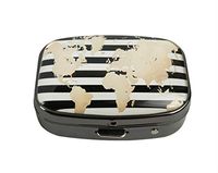 XUTAI Custom Personalized Square Stainless Steel Gun Silver Glass Travel Pill Case Vitamin Decoration Box (Black and White Stripes with Faux Gold Foil World Map)
