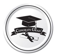 Graduation School Colors Black and White 9-inch Paper Plates 18 Per Pack