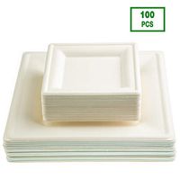 Kikigreen Bagasse Square Compostable Plates [100-pack] Dessert Disposable White Paper Plates Made Of Sugarcane (10 and 7 inch)