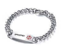 Mealguet Jewelry Epilepsy-Stainless Steel Curb Chain Medical Alert ID Idenfication Bracelets for Men, 8.3" Black Deep Engraving