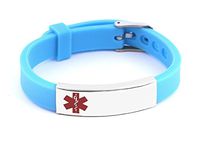 BAIYI Medical Alert ID Bracelet - Adjustable Teal Silicone Band and Free Engraving Stainless Steel Alert Plate Emergency ID Bracelet for Child Kids
