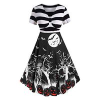 Womens Halloween Dresses Sleeveless A-Line Vintage Dress Witch Pumpkin Skull Printed Cocktail Swing Party Dress Costumes Black