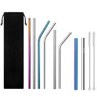 Reusable Stainless Steel Straws,Set of 10 Extra Long 10.5'' Metal Drinking Straw with 2 Brushes and Carry Bag,5 Bent and 5 Straight Straw for Tumblers,Cold Beverage,Starbucks,Mason Jar-Multicolor