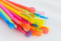 (100-Pack) Colorfu Neon Plastic Drinking Spoon Straws Unwrapped, Assorted Neon Colors Disposable Plastic Straw, 9-1/2"