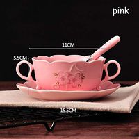 WWSHM Basso-Relievo Sakura Bowl Double-handle Ceramic Elegant Tableware Dessert Dish Salad Bowl Food Container Rice Soup Bowl 1 Set (Color : Pink)