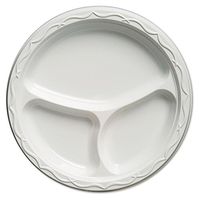 Genpak 71300 Aristocrat Plastic Plates, 10 1/4 Inches, White, Round, 3 Compartments, 125/Pack