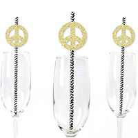 Gold Glitter Peace Sign Party Straws - No-Mess Real Gold Glitter Cut-Outs and Decorative 60's Hippie Groovy Party Paper Straws - Set of 24