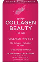 Pink Simply Beauty Collagen Powder to Go | 20 Travel Packets | Unflavored Powder Type 1 & 3 with Protein | Grass Fed Peptides | Gluten Free & Non-GMO Supplement for Women