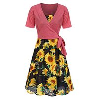 Womens Sunflower Short Sleeve Midi Dresses Bow Tie Front Bandage Suit Summer Casual Coverups Tops Straps Irregular Mini Tshirt Dress Loose Swing Flowy Pleated Floral Sun Dress